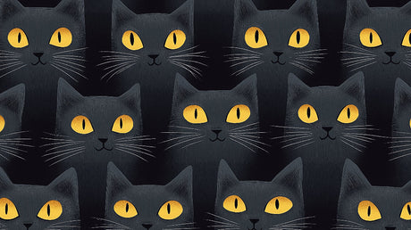 Black cat pattern design file showing detailed golden eyes and mystical faces on dark background