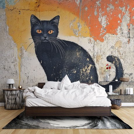 Street art cat wallpaper bringing urban style to a modern living room with grey sofa and minimal decor