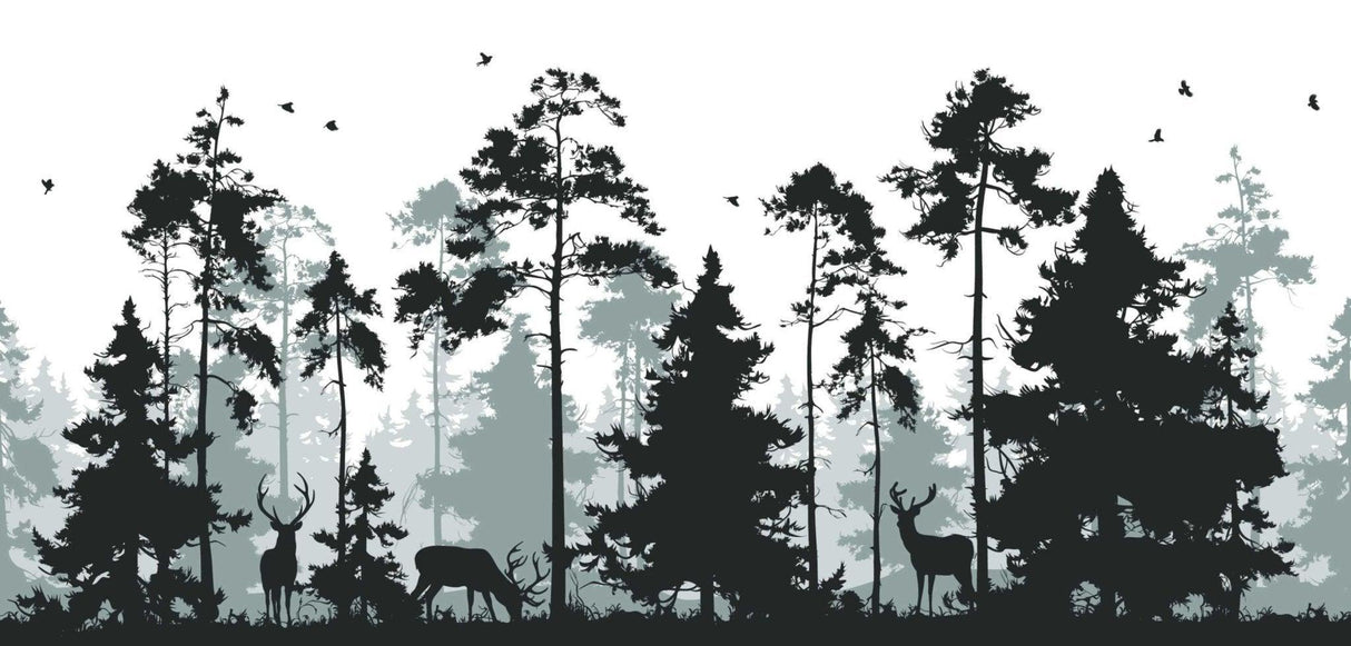 Forest Mural Wallpaper | Nordic Pine Trees with Deer Silhouettes