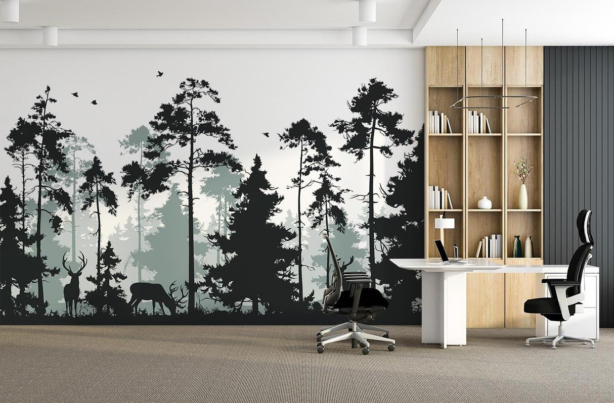 Forest Mural Wallpaper | Nordic Pine Trees with Deer Silhouettes