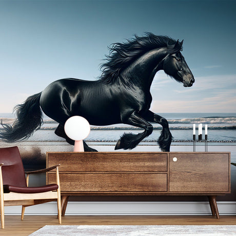 Black horse wallpaper mural styled in a modern living room, showing dynamic beach scene with galloping stallion