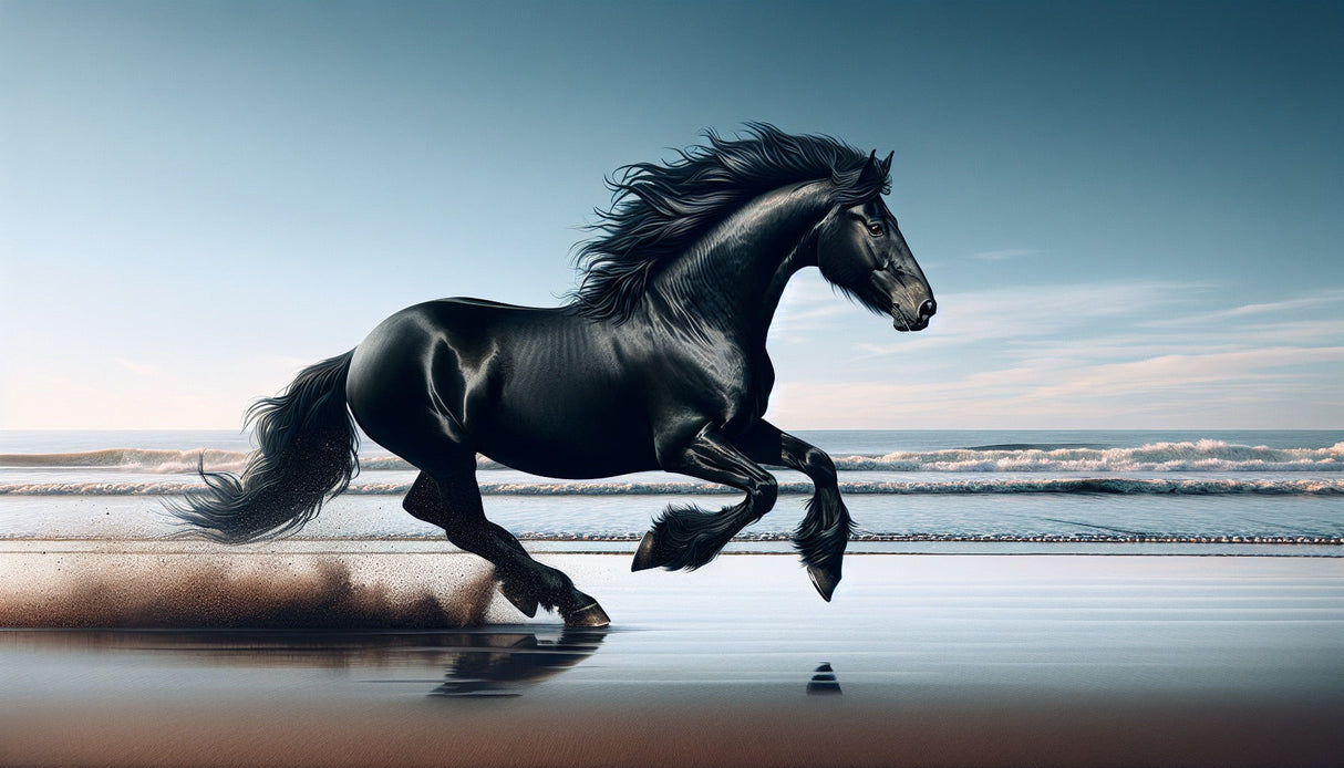 Horse beach wallpaper design file showing detailed black stallion galloping on misty shoreline