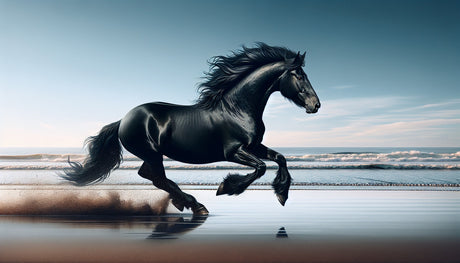 Horse beach wallpaper design file showing detailed black stallion galloping on misty shoreline