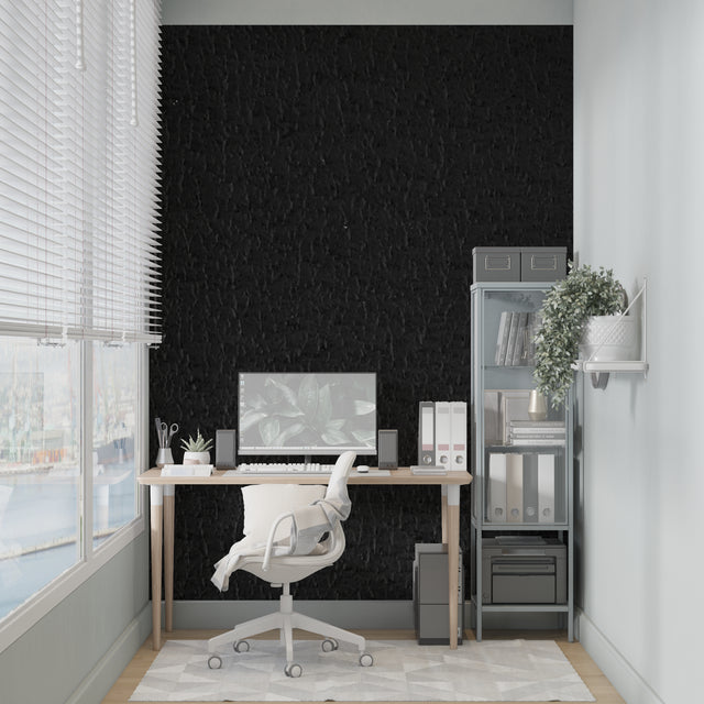 Black leather wallpaper creating luxury atmosphere in modern living room