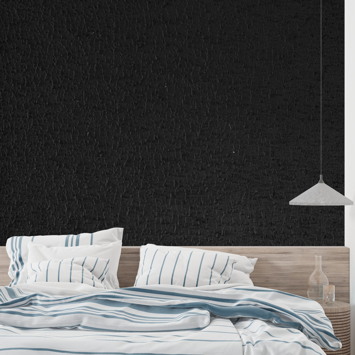 Leather effect wallpaper adding drama to master bedroom
