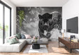 Black panther wall mural creating drama in modern living room with grey sofa and minimalist decor