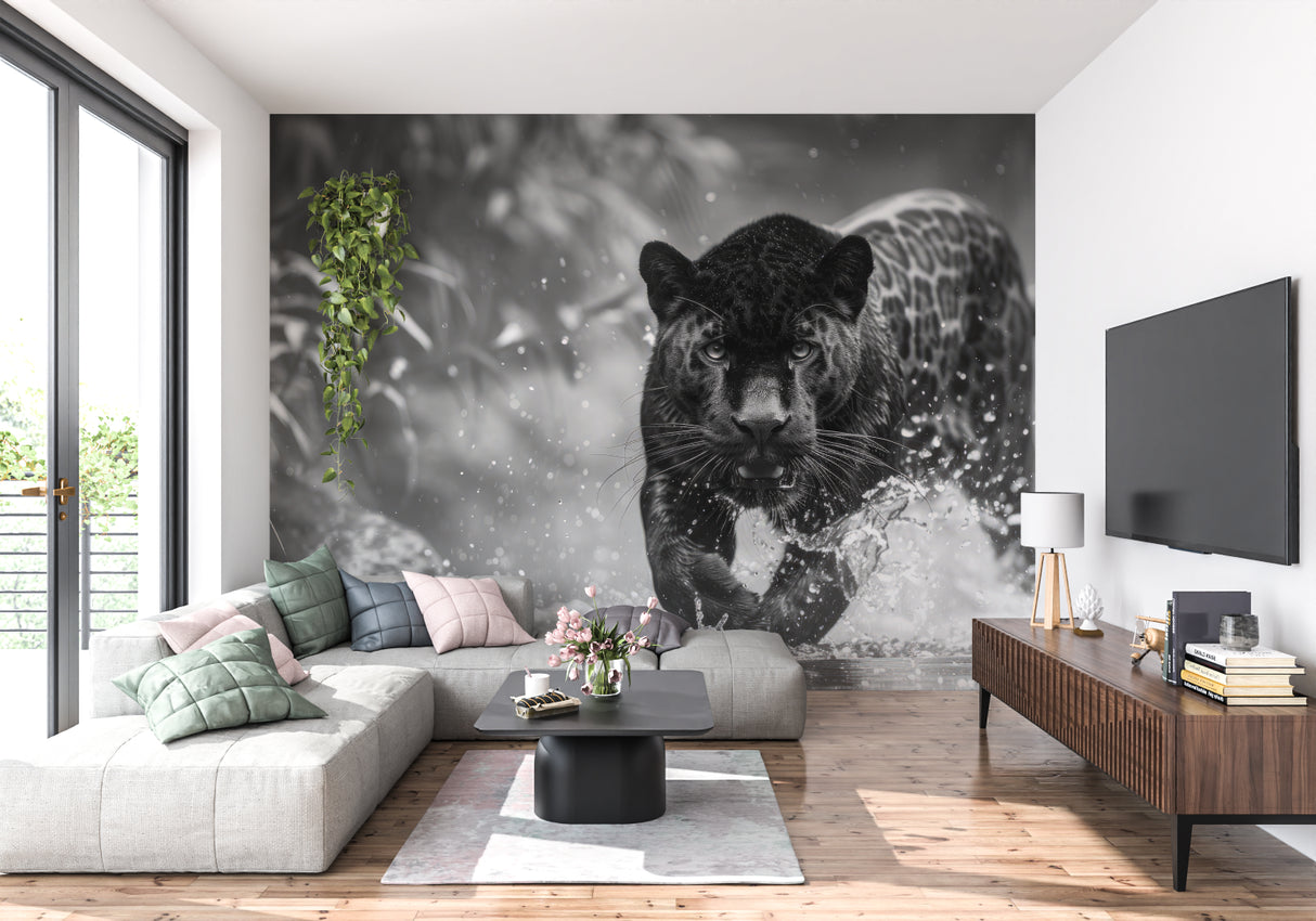 Black panther wall mural creating drama in modern living room with grey sofa and minimalist decor