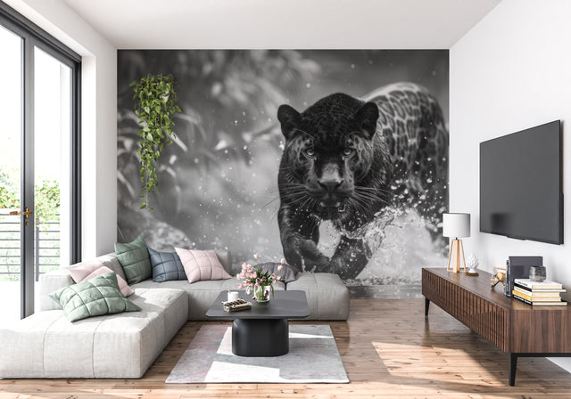Black panther wall mural creating drama in modern living room with grey sofa and minimalist decor