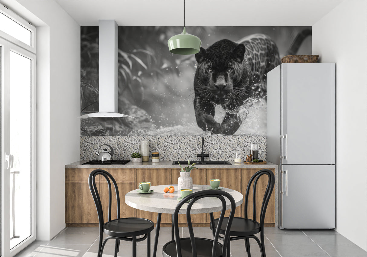 Black and white panther wallpaper making statement in home office with desk and leather chair