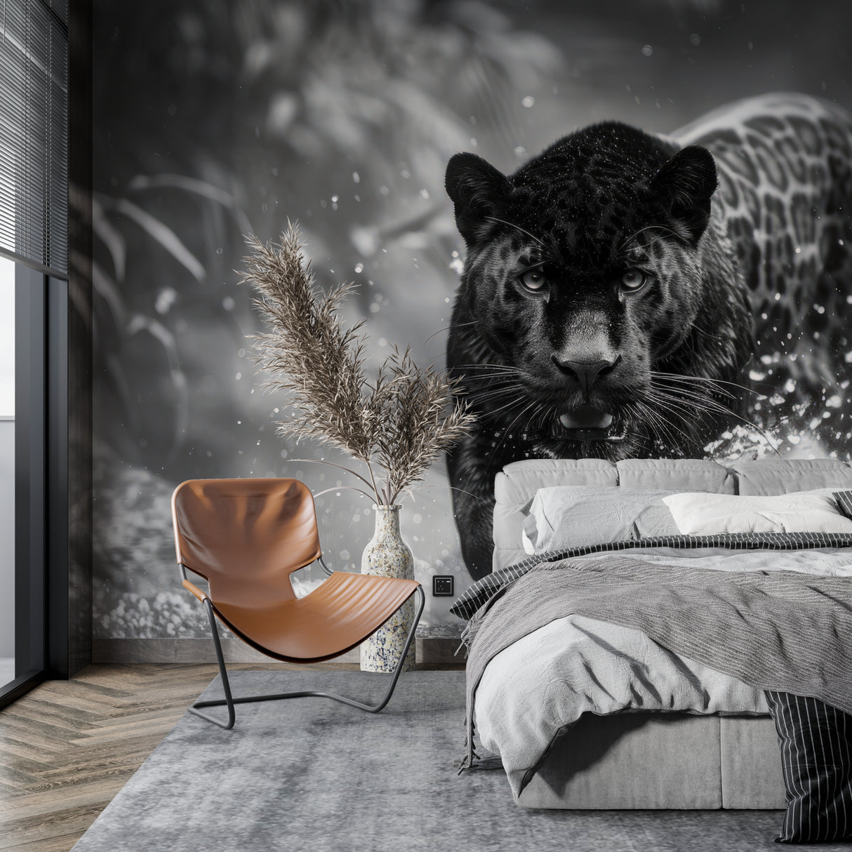 Wildlife mural wallpaper showcased in dining room with contemporary furniture