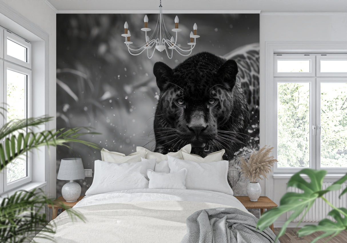Black panther wall art displayed in hallway with modern lighting fixtures