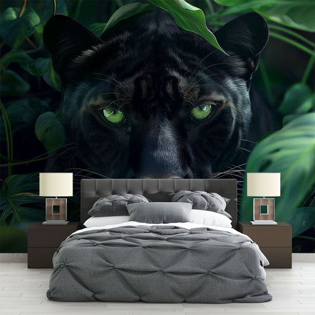 Black panther jungle wallpaper creating dramatic atmosphere in modern living room with green accents