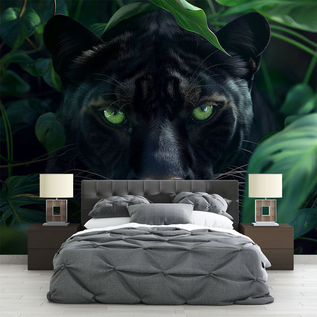 Black panther jungle wallpaper creating dramatic atmosphere in modern living room with green accents