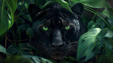 Black panther wallpaper design file showing detailed emerald eyes and jungle foliage pattern