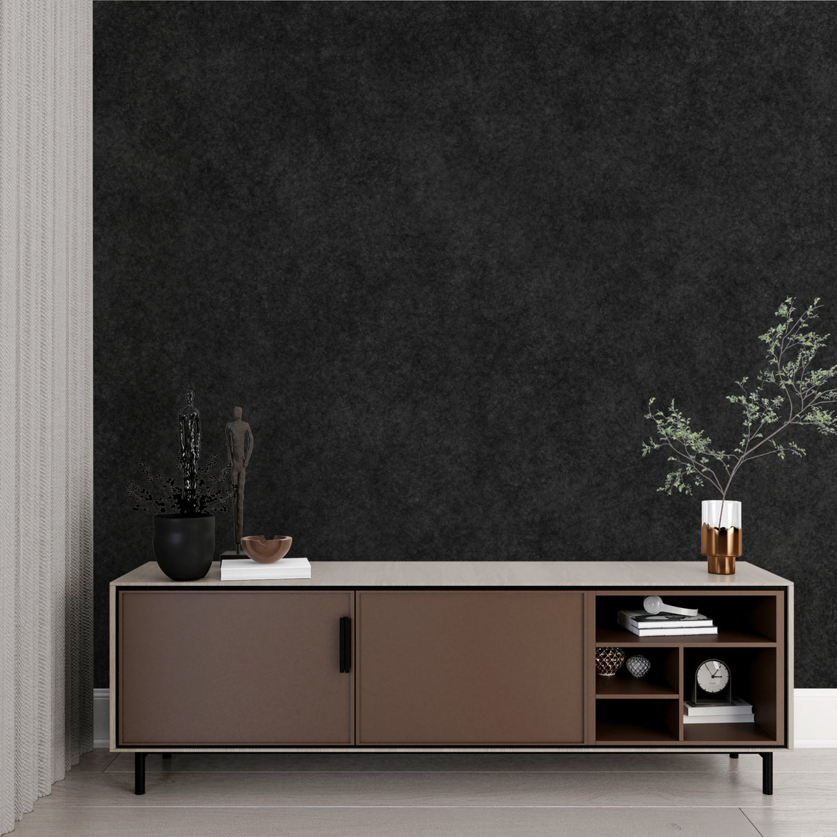 Black velvet wall covering in a stylish dining room with gold accents
