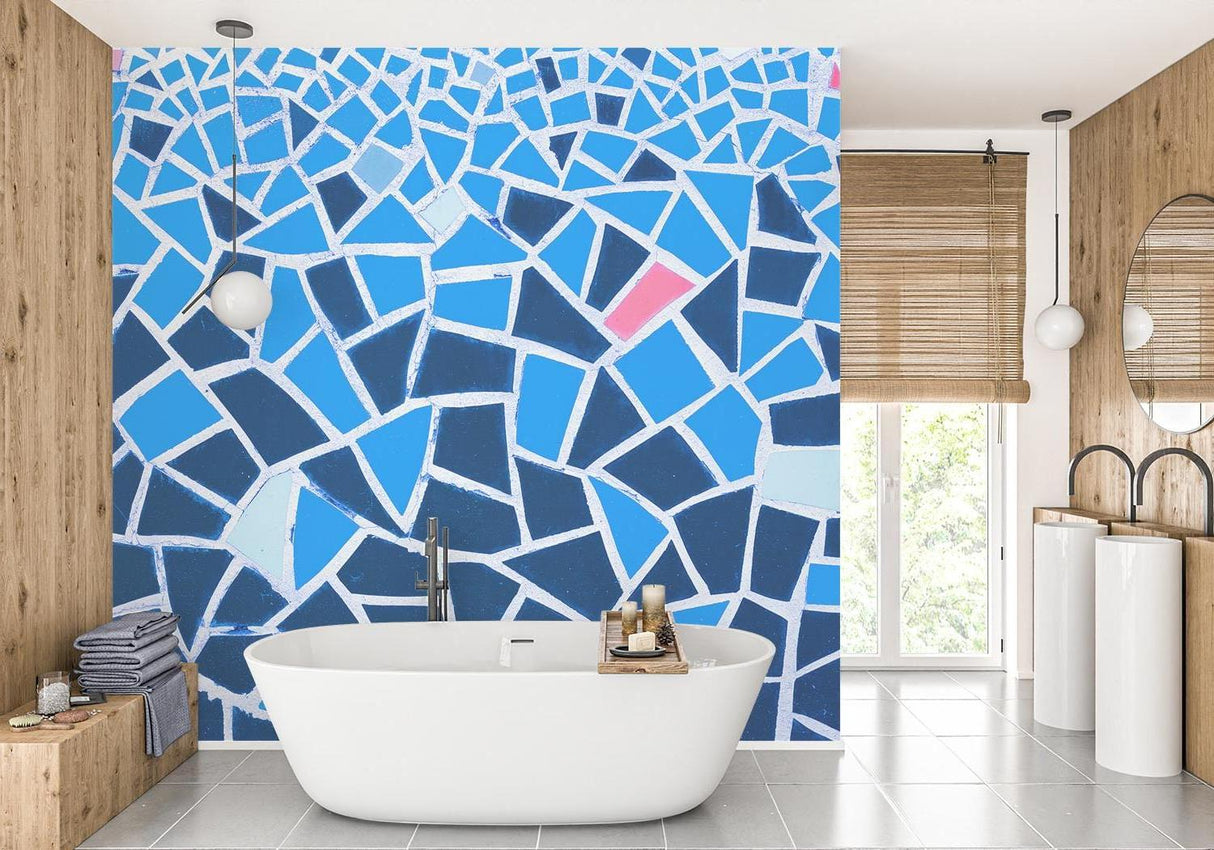 Mosaic Mural Wallpaper | Blue Geometric Pattern With Pink Accents