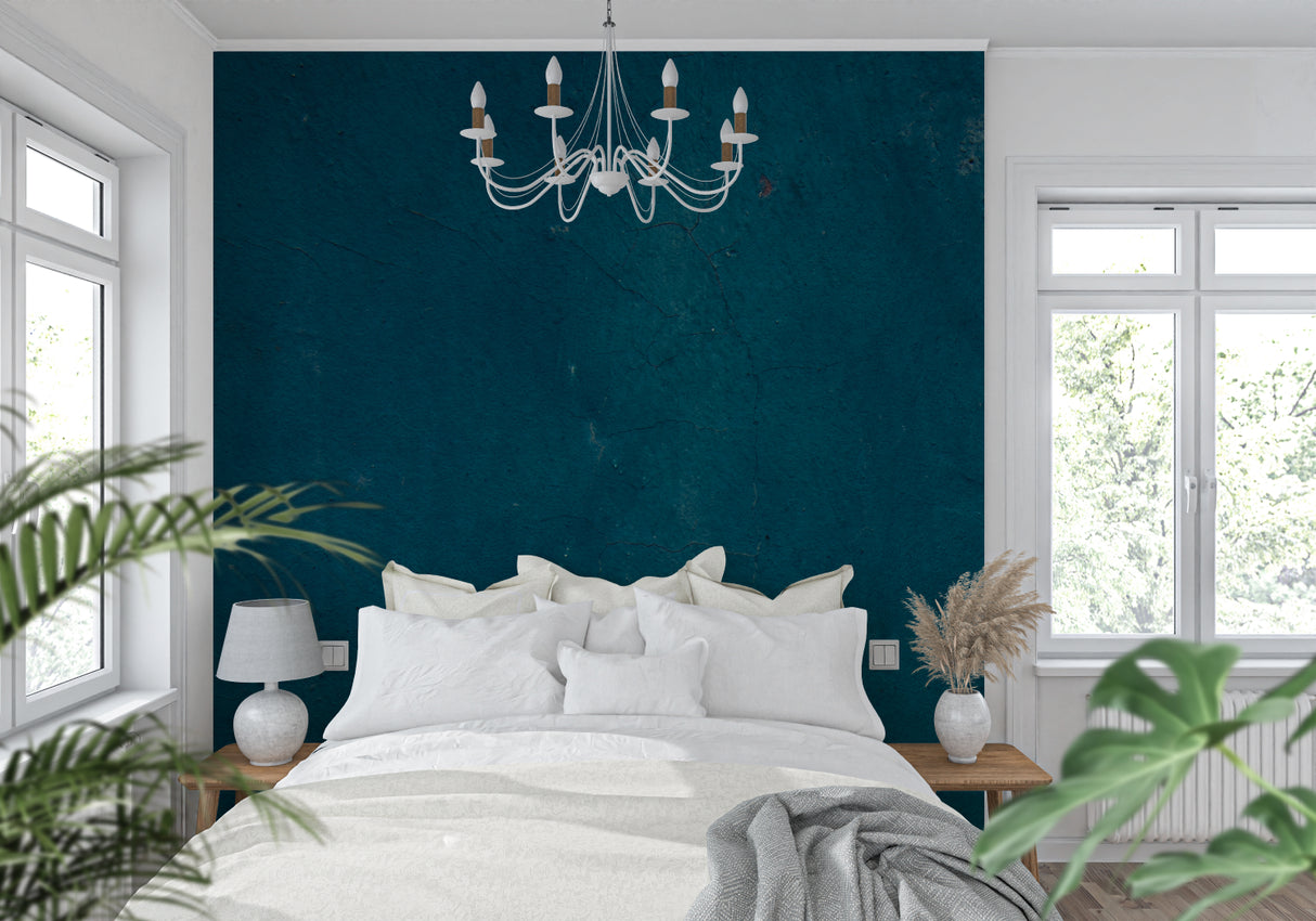 Blue textured wall mural in master bedroom creating serene atmosphere