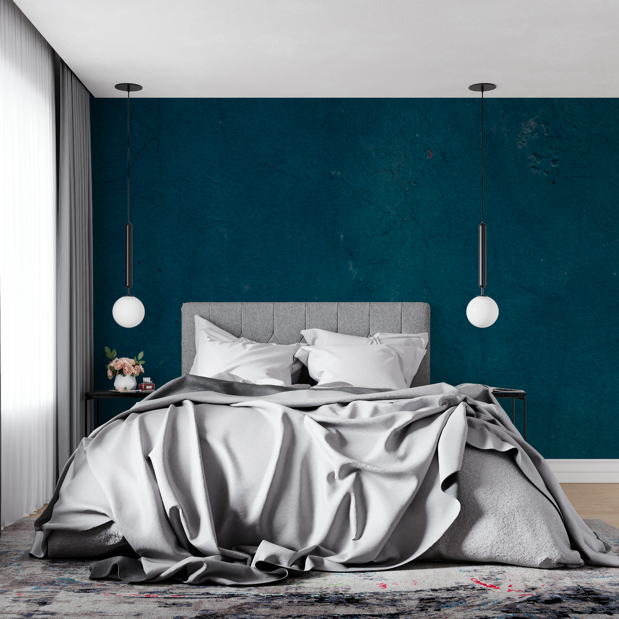 Elegant teal wallpaper in home office with contemporary furniture