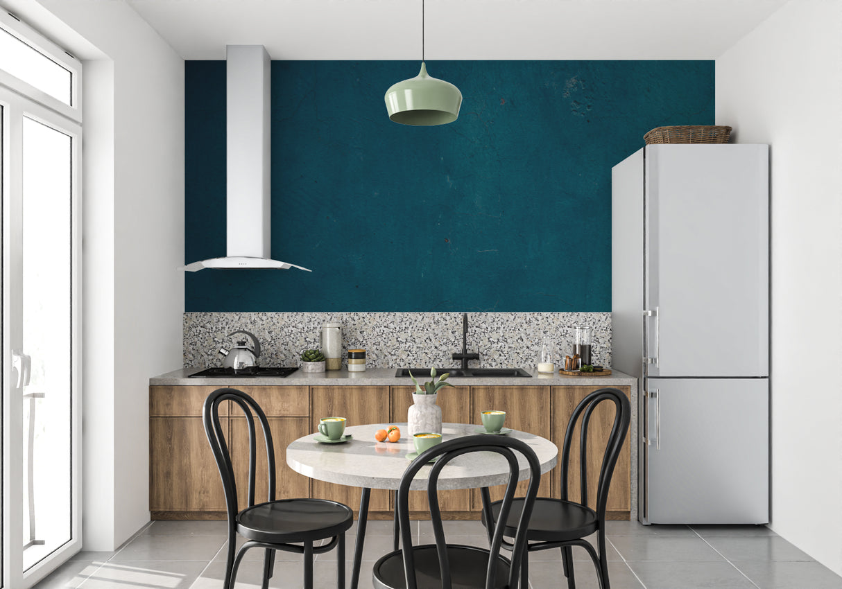 Teal wall design in hallway showing texture detail