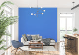 Electric blue wall mural creating drama in an urban dining room setting