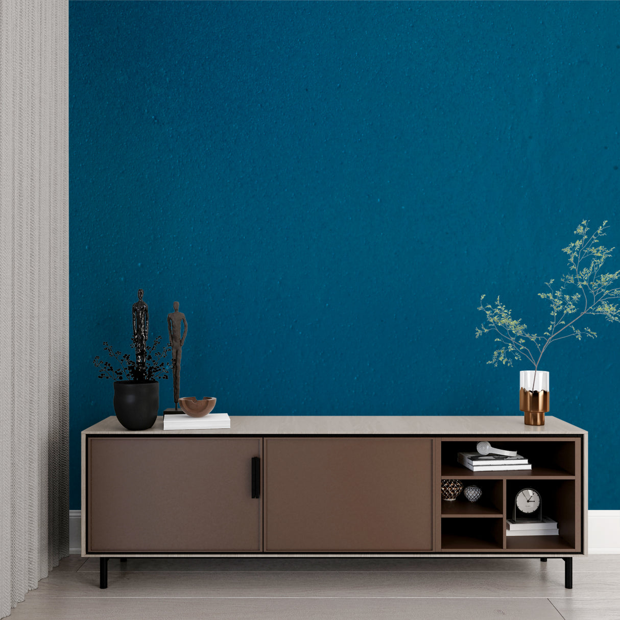 Teal wall mural creating depth in home office space