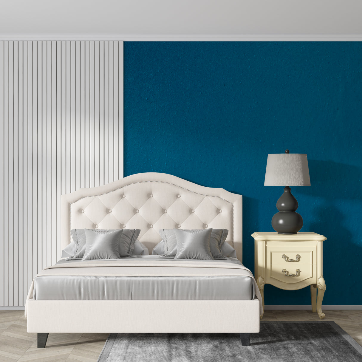 Blue wall covering in dining room with natural lighting