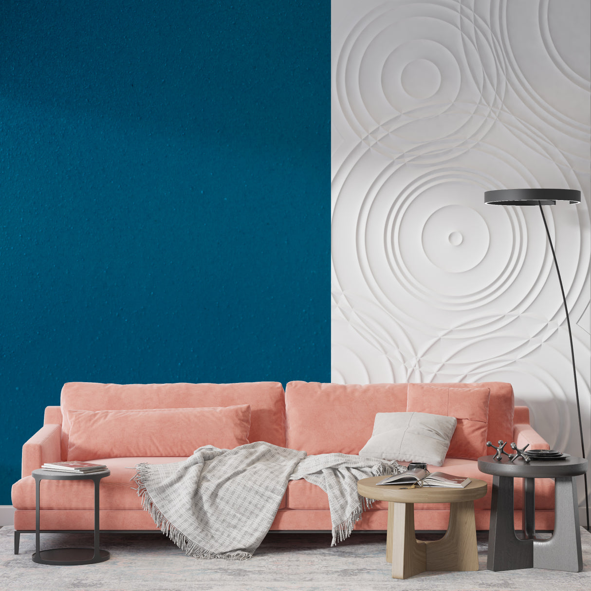 Solid blue wallpaper in modern kitchen backdrop
