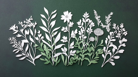 3D white floral paper cut design file showing intricate botanical pattern on emerald background