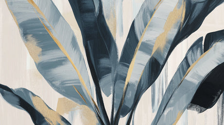 Blue and gold botanical wallpaper mural creating an elegant atmosphere in a modern living room with tall windows