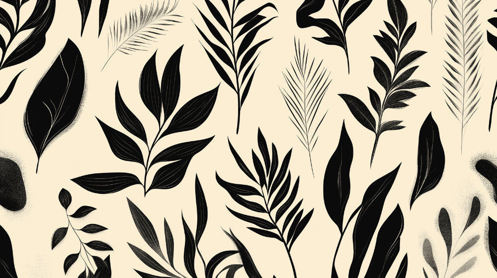 Tropical leaves wallpaper design file showing black botanical pattern on beige background