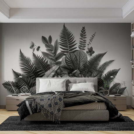 Black and white botanical fern wallpaper creating a stunning feature wall in a modern living room with natural light
