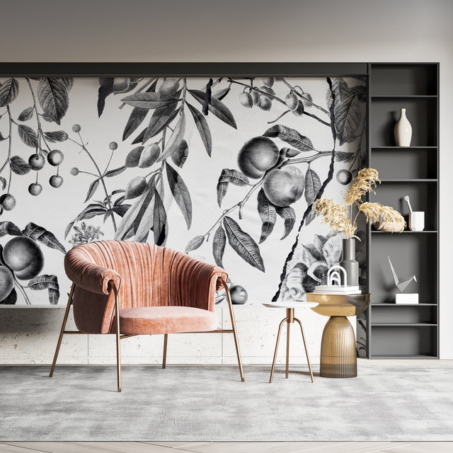 Black and white botanical wall mural in modern dining room showing detailed fruit sketches