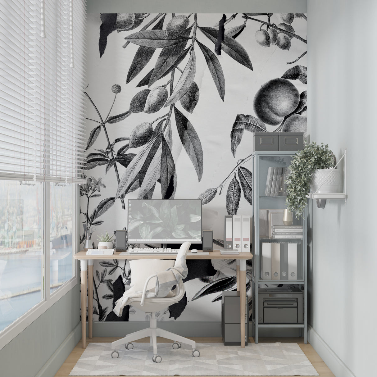 Monochrome fruit wallpaper design in minimalist living room setting