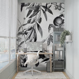 Monochrome fruit wallpaper design in minimalist living room setting