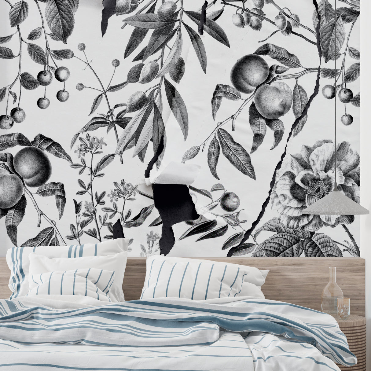 Black and white fruit wallpaper creating elegant atmosphere in bedroom