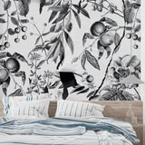 Black and white fruit wallpaper creating elegant atmosphere in bedroom