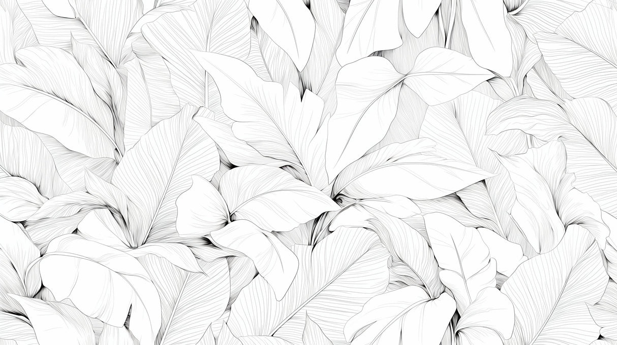 Black and white botanical mural creating depth in minimalist bedroom setting