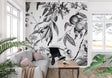 Botanical wall mural creating an elegant dining room feature wall with black and white vintage fruit design