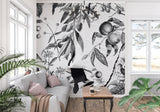 Botanical wall mural creating an elegant dining room feature wall with black and white vintage fruit design
