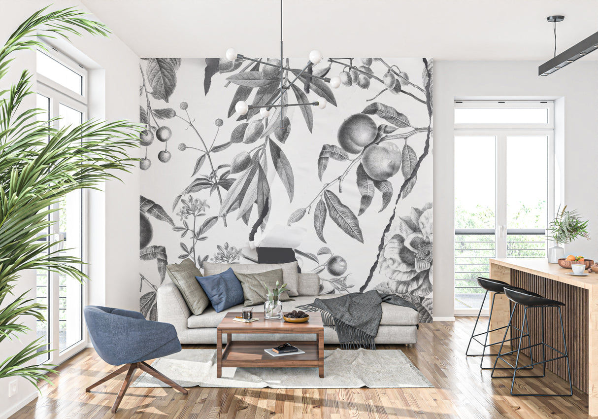 Vintage botanical mural in home office showing intricate black and white fruit patterns