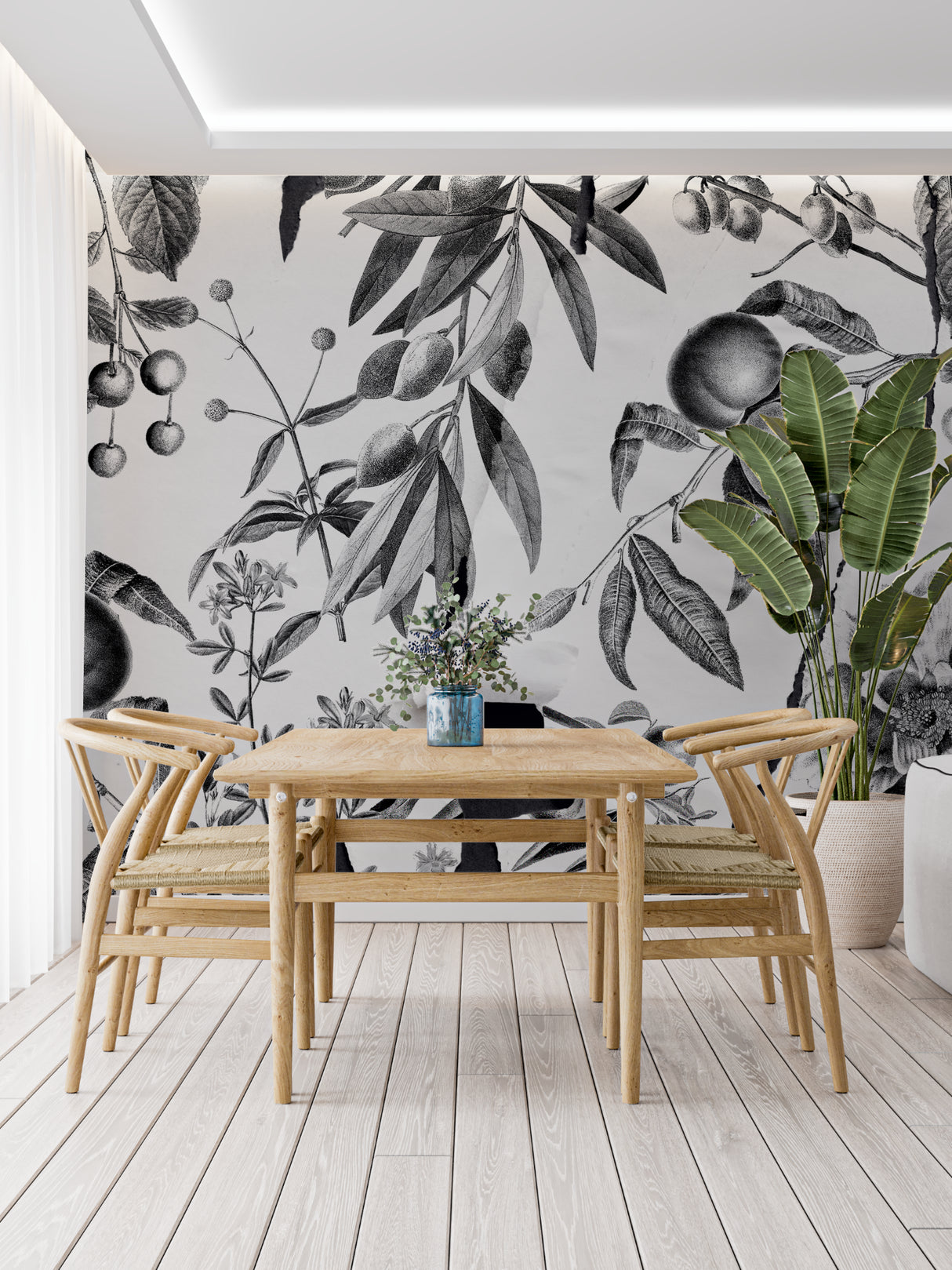 Monochrome fruit wallpaper creating an artistic atmosphere in bedroom setting