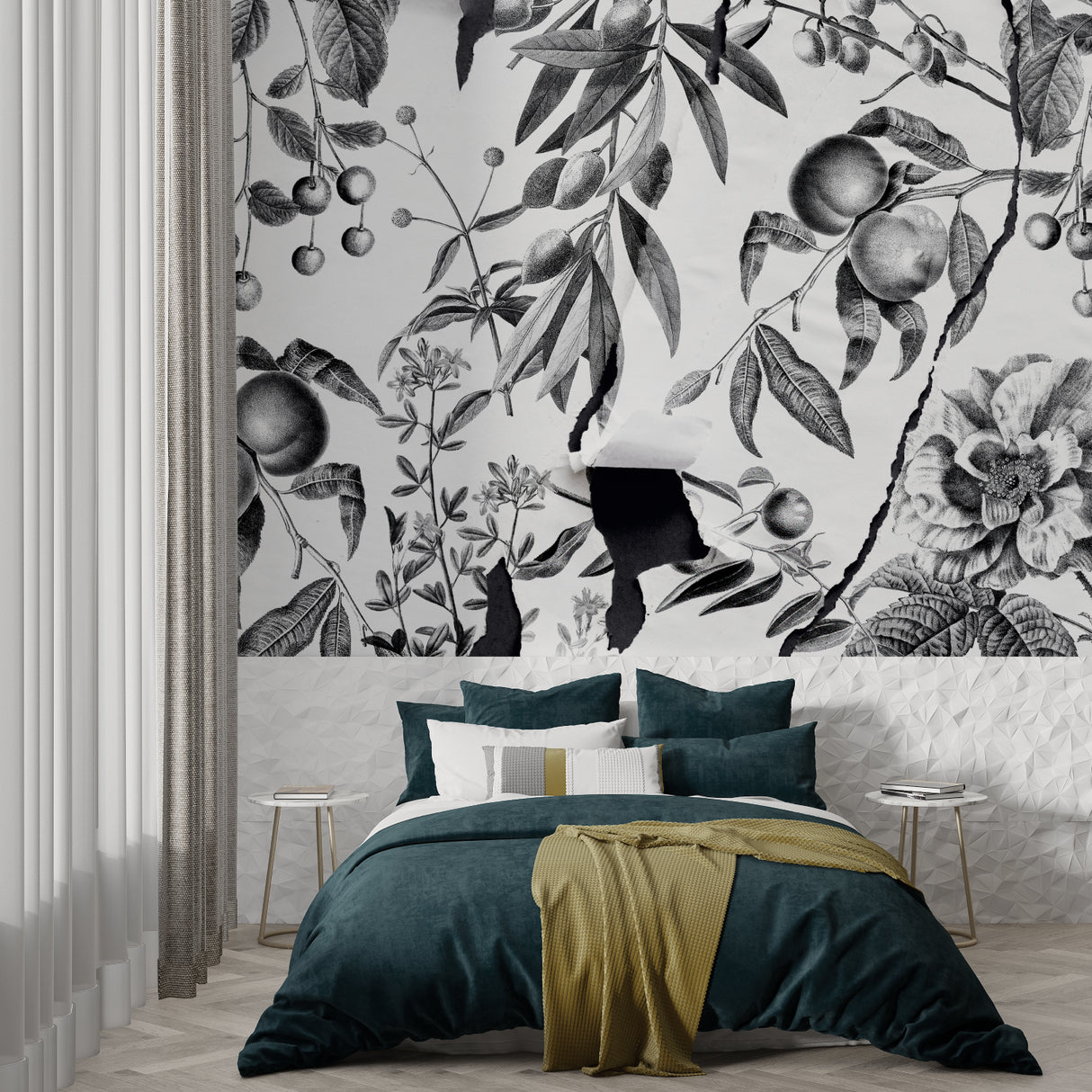 Black and white botanical print transforming living room wall with vintage fruit details