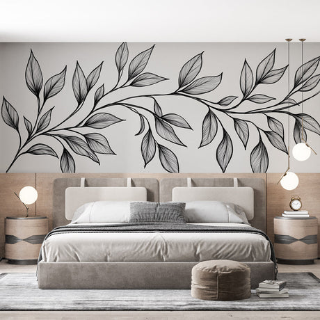 Black and white botanical line art wallpaper in a bright modern living room, creating a sophisticated art gallery atmosphere