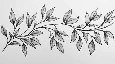 Botanical line art wallpaper design file showing detailed black hand-drawn leaves on white background