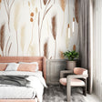 Botanical wheat pattern wallpaper creating a serene atmosphere in a modern dining room with natural light