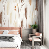 Botanical wheat pattern wallpaper creating a serene atmosphere in a modern dining room with natural light