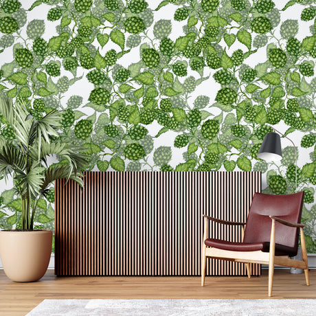 Botanical wallpaper with fresh green hops pattern brightening a modern living room