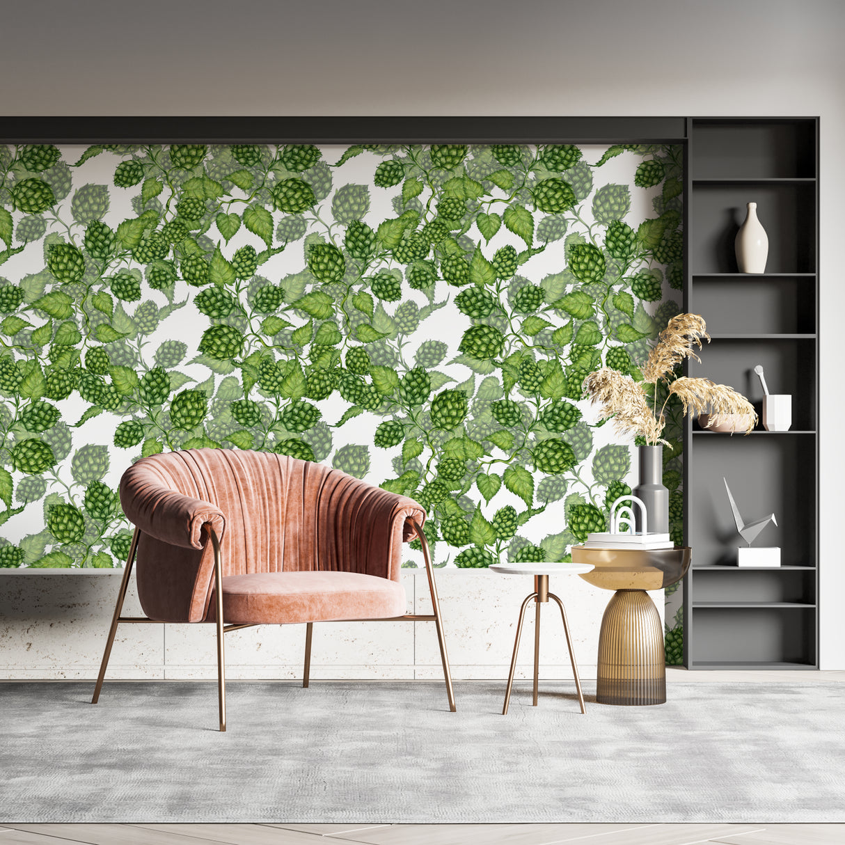 Green hop pattern wall mural creating a fresh look in a bright dining room