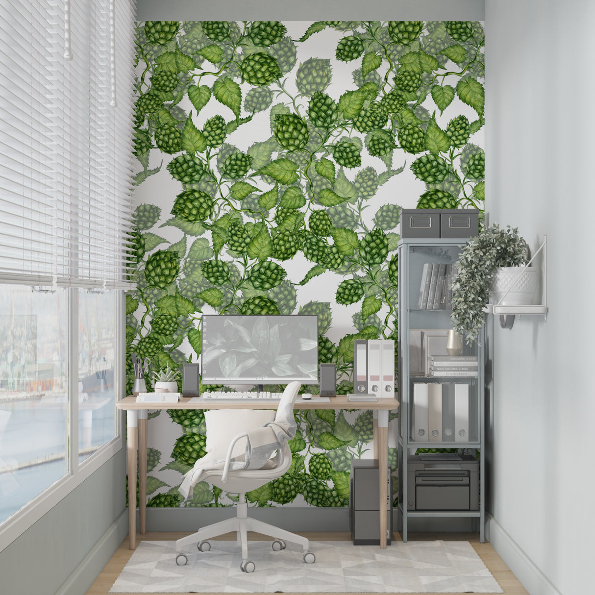 Botanical hop wallpaper adding natural charm to a home office space