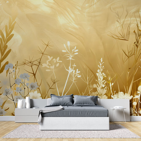 Golden Botanical Wallpaper in bright modern living room with natural light streaming through windows